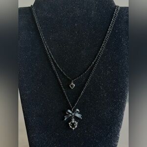 Elegant Black Bow and heart Pendant Necklace